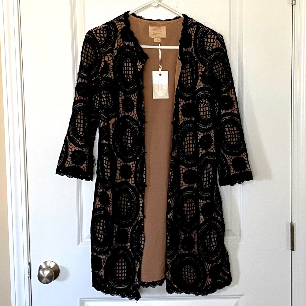 Hand knit crochet pattern black and rose duster, small Champagne and Strawberry